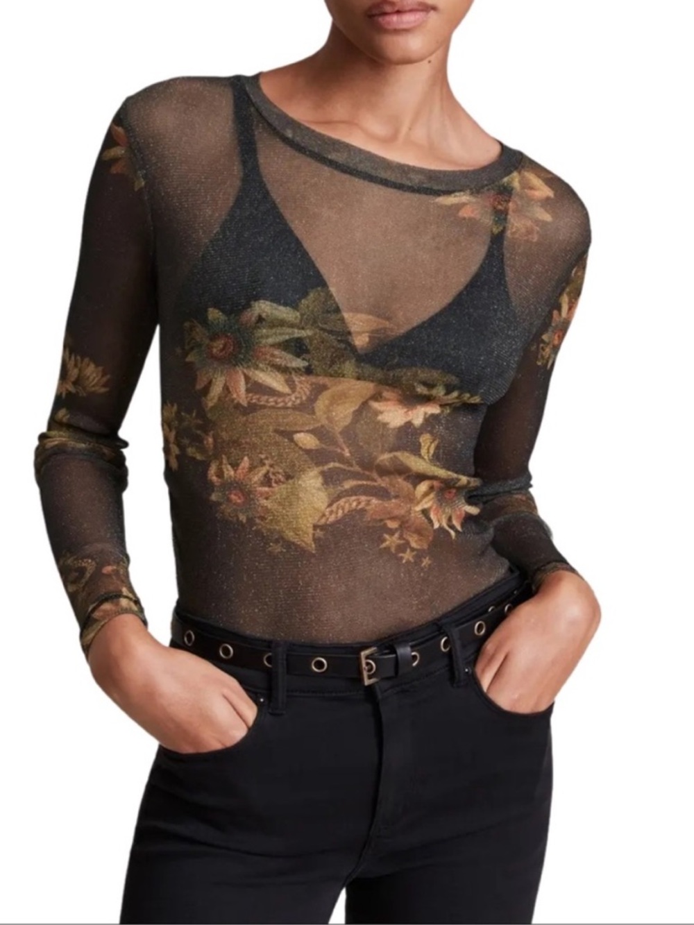 Allsaints Avifauna Francesco Sheer Sunflower Long Sleeve Blouse Woman’s size 6
